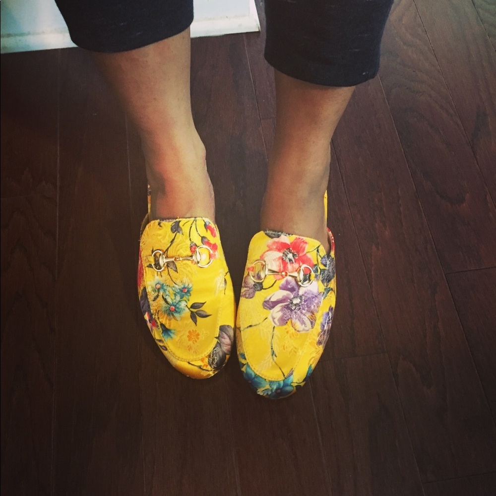 Yellow Floral Embroidered Satin Loafer Slippers